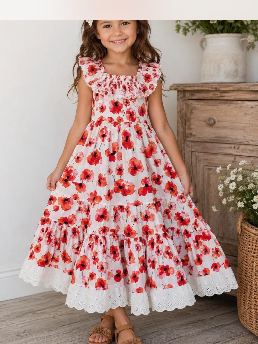 Matilda Jane White Dress with Red Floral Ruffles